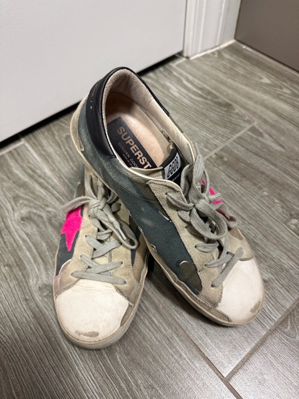 Golden Goose low-top sneakers in green, beige and pink star